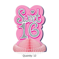 12 Pack Bulk Sweet 16 Birthday Party Centerpiece- Pink with Glitter
