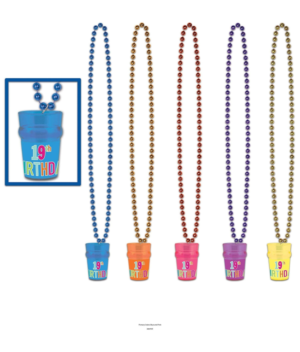 12 Pack Bulk 19th Birthday Bead Necklace with Glass Asst colors