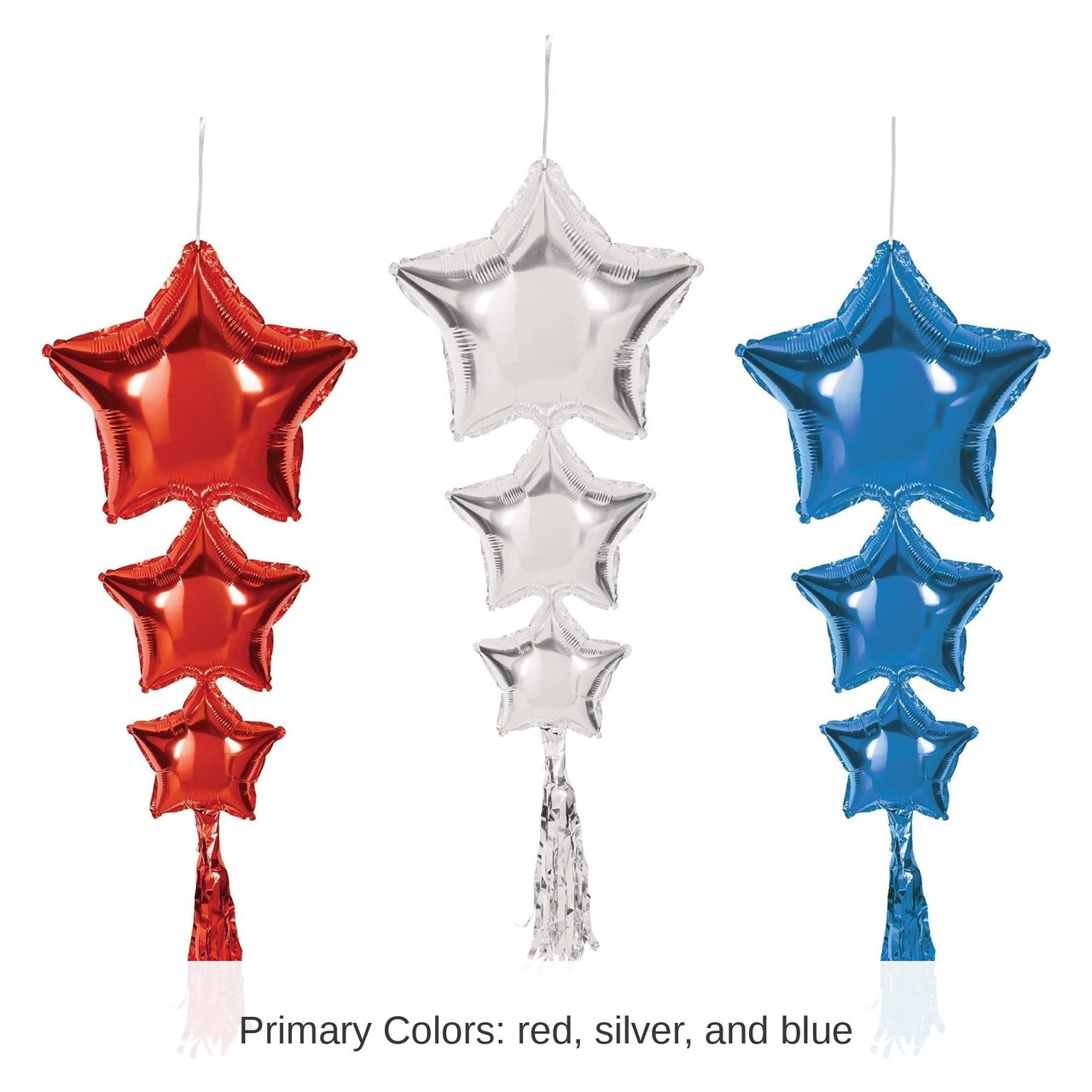 18 Pack Bulk Star Balloons with Tassels Asst red, silver, blue