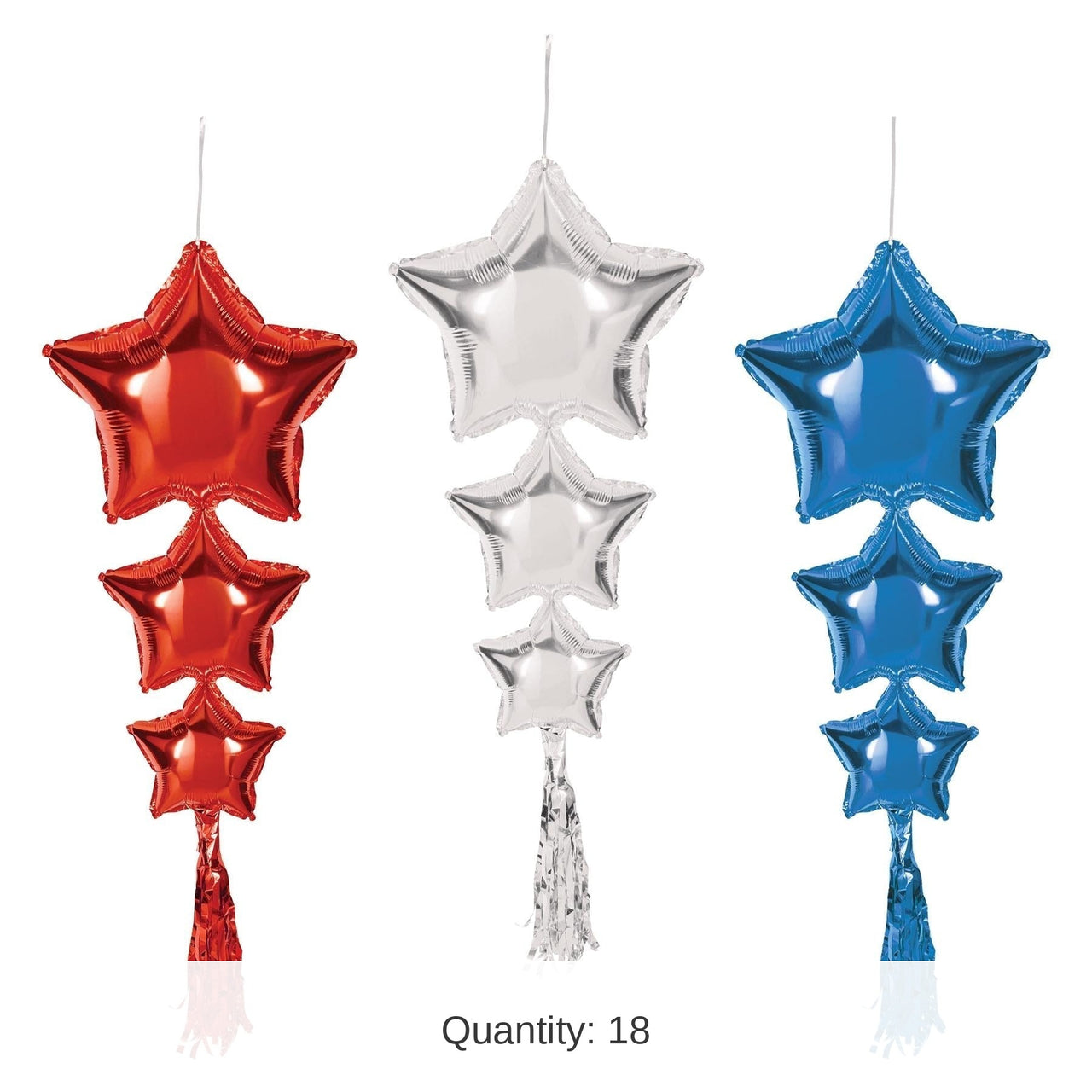 18 Pack Bulk Star Balloons with Tassels Asst red, silver, blue