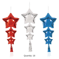 18 Pack Bulk Star Balloons with Tassels Asst red, silver, blue