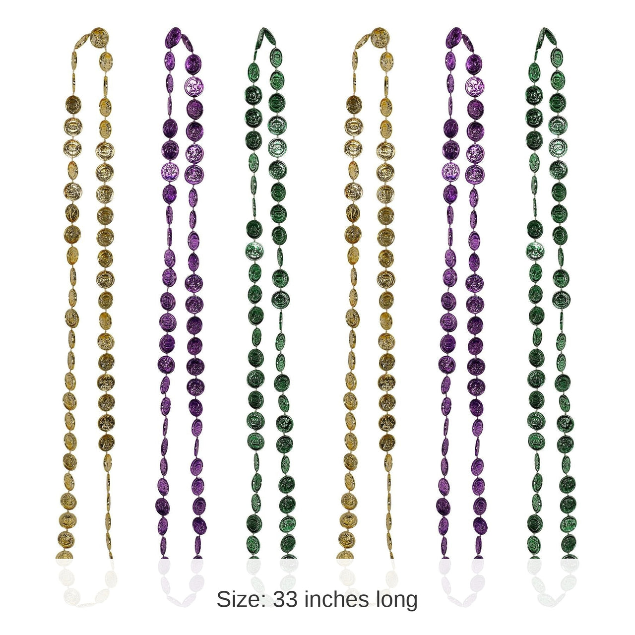 72 Pack Bulk Mardi Gras Coin Bead Necklaces Asst gold, green, purple
