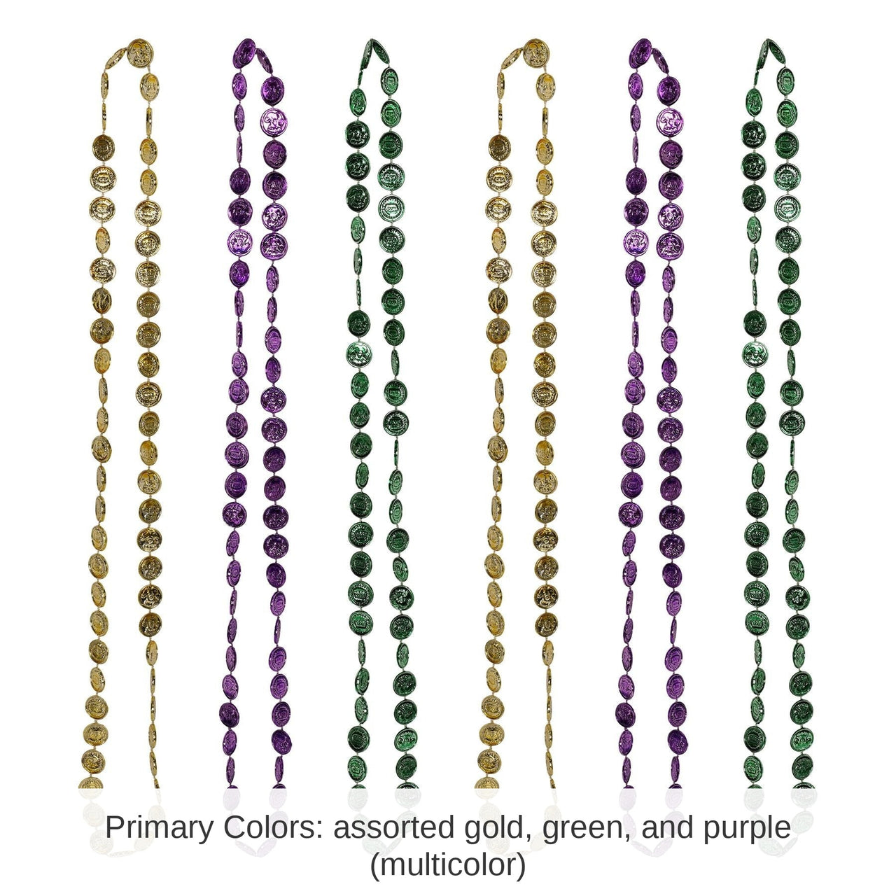 72 Pack Bulk Mardi Gras Coin Bead Necklaces Asst gold, green, purple