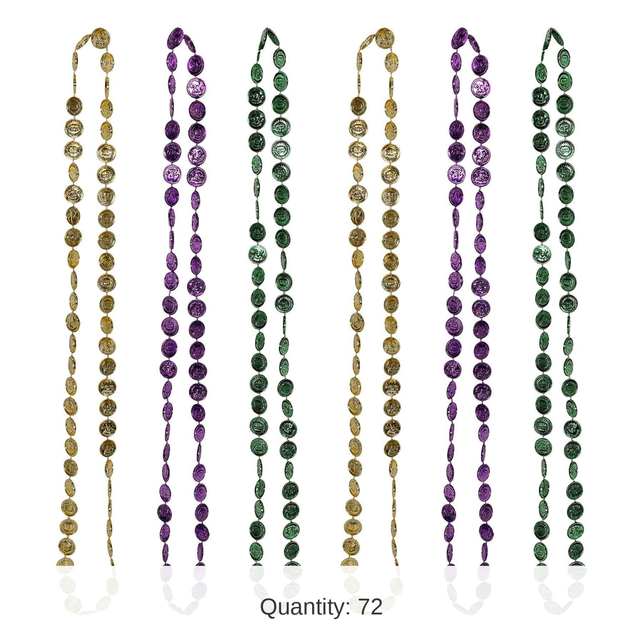 72 Pack Bulk Mardi Gras Coin Bead Necklaces Asst gold, green, purple
