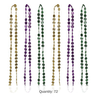 72 Pack Bulk Mardi Gras Coin Bead Necklaces Asst gold, green, purple