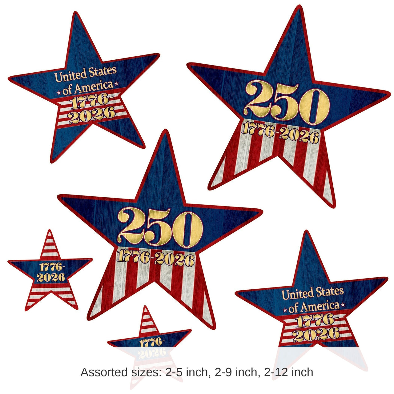 72 Pack Bulk Semiquincentennial Star Cutouts Assorted Sizes