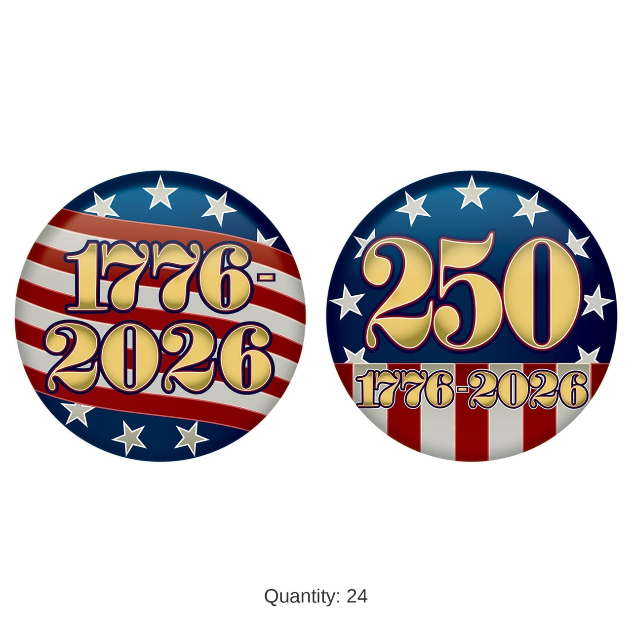 24 Pack Bulk Semiquincentennial Patriotic Buttons 2 Inch