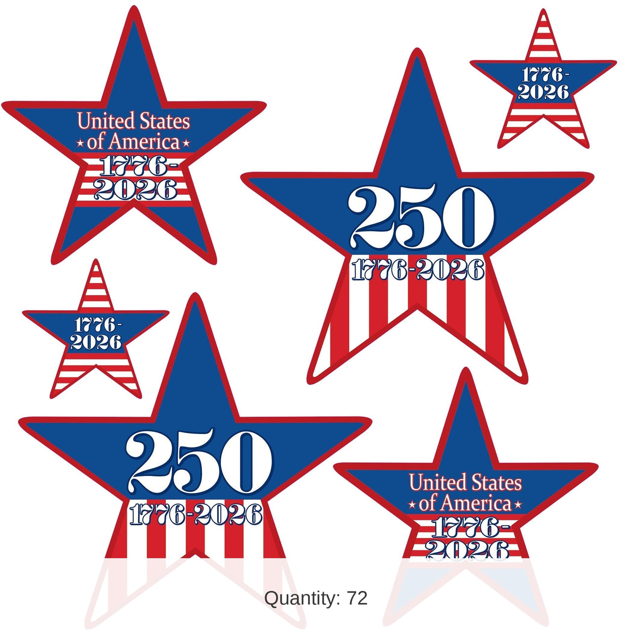 72 Pack Bulk Patriotic Semiquincentennial Star Cutouts Assorted Sizes