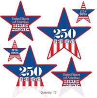 72 Pack Bulk Patriotic Semiquincentennial Star Cutouts Assorted Sizes