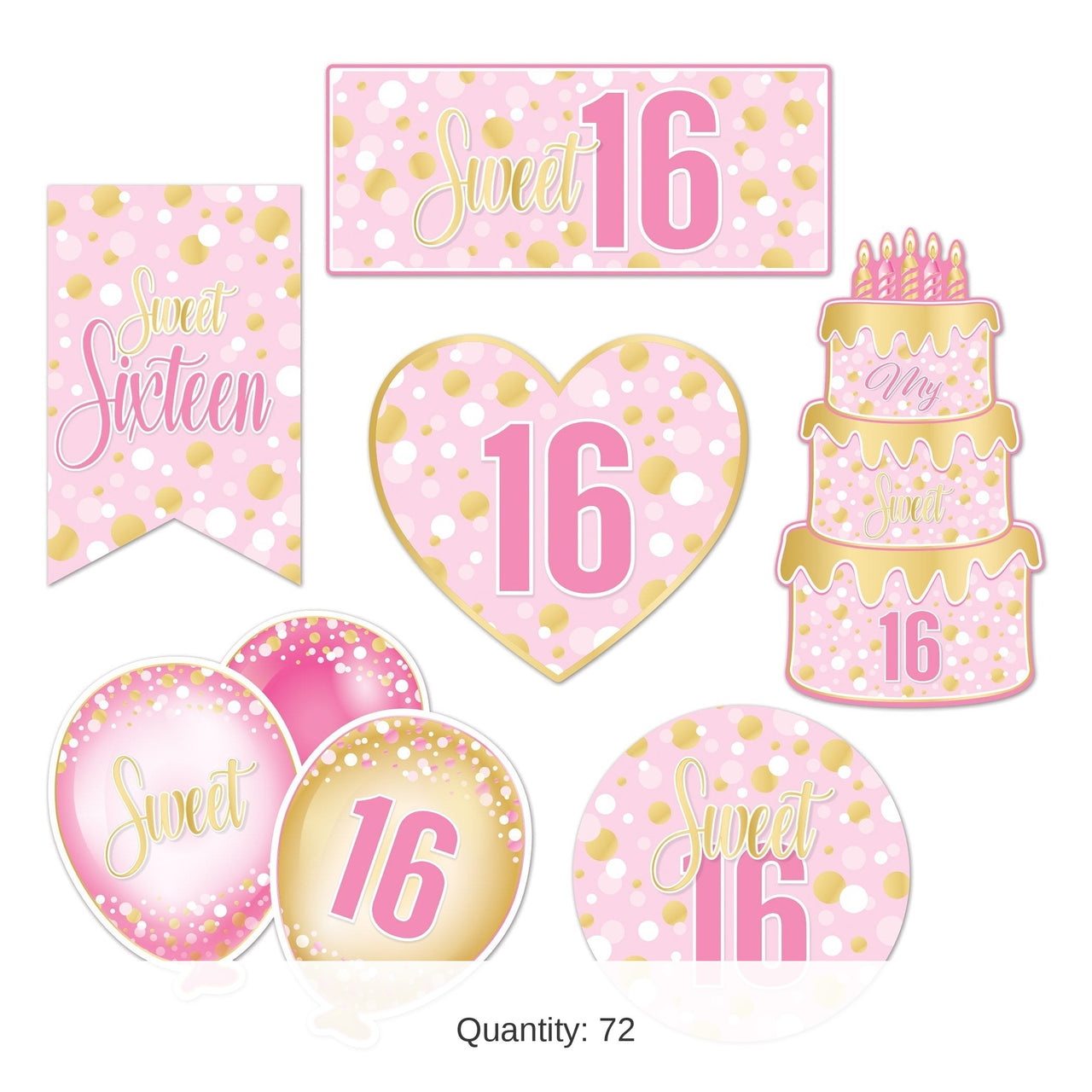 72 Pack Bulk Sweet 16 Birthday Cutouts Double-Sided Decorations (6-12 inch)