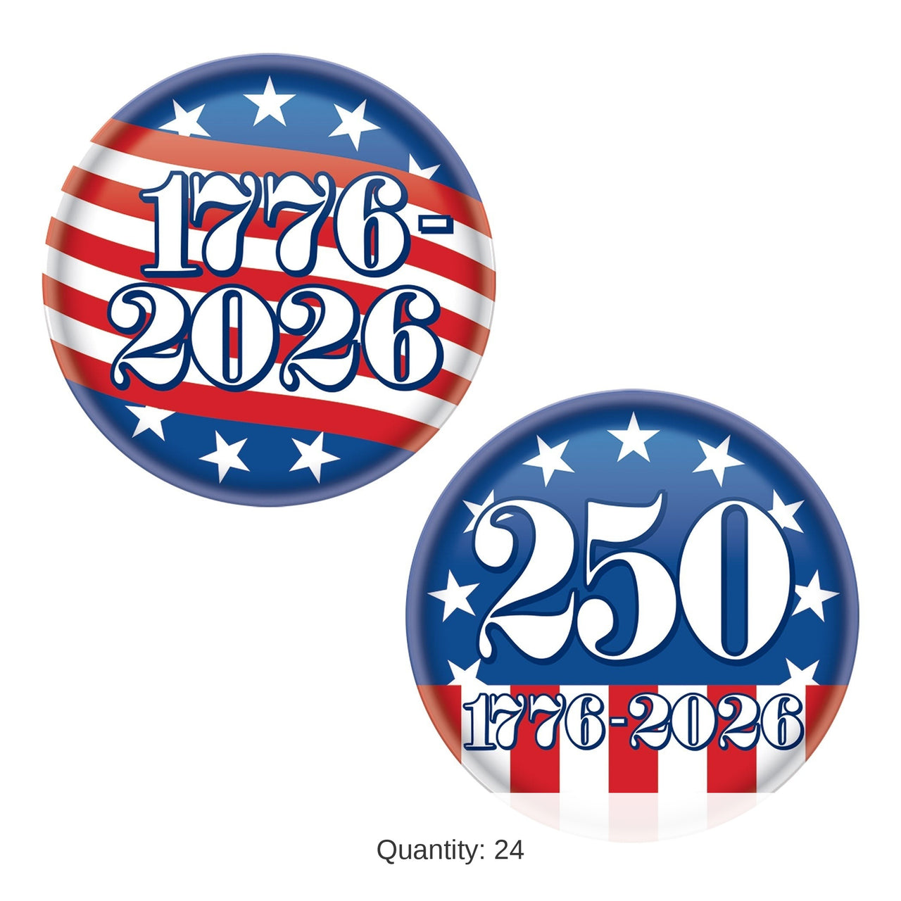 24 Pack Bulk Semiquincentennial Buttons Patriotic 2-inch