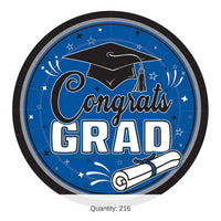 216 Pack Bulk 9 inch Congrats Grad Blue Dinner Plates Graduation Party
