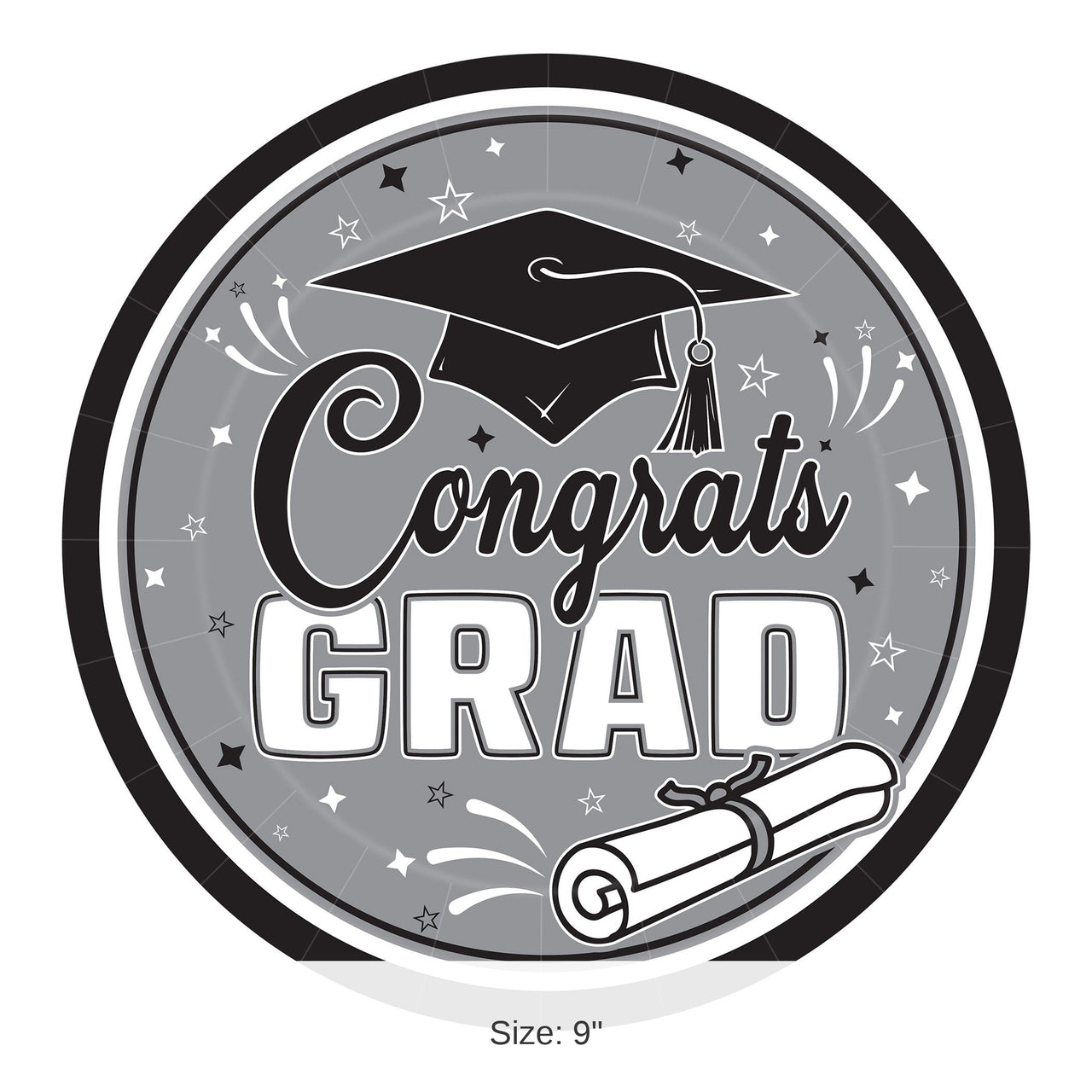 216 Pack Bulk Congrats Grad 9 inch Dinner Plates Black