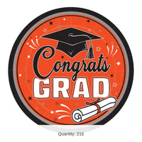 216 Pack Bulk Orange Congrats Grad 9 inch Dinner Plates