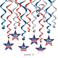 72 Pack Bulk Semiquincentennial Whirls Patriotic Hanging Decorations