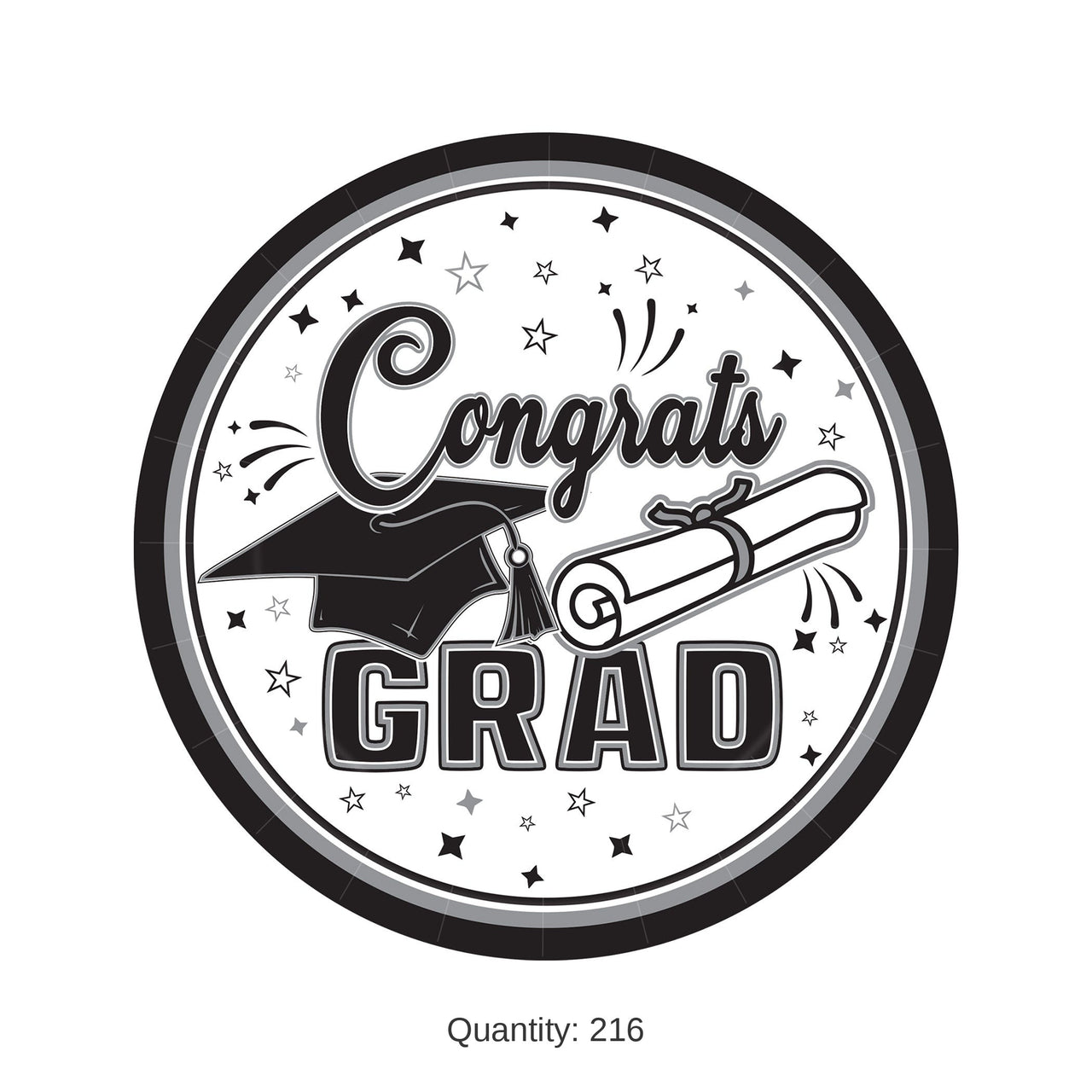 216 Pack Bulk Congrats Grad 7 inch Dessert Plates Black