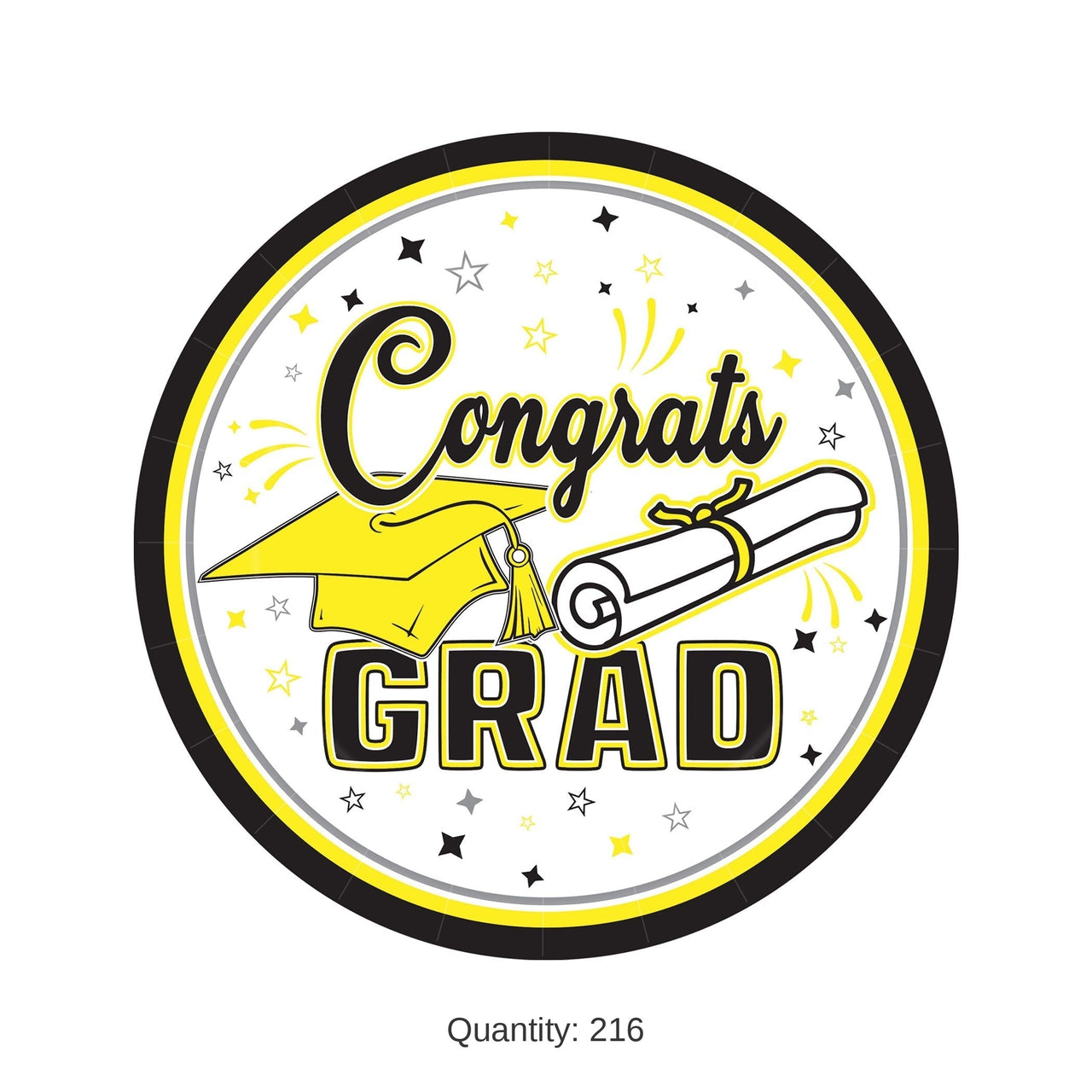 216 Pack Bulk Congrats Grad 7 inch Yellow Dessert Plates