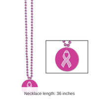 12 Pack Bulk Bead Necklace with Printed Pink Ribbon Medallion