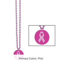 12 Pack Bulk Bead Necklace with Printed Pink Ribbon Medallion