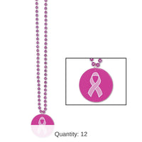 12 Pack Bulk Bead Necklace with Printed Pink Ribbon Medallion