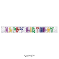 6 Pack Bulk Metallic Happy Birthday Party Banner - white with silver