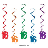 30 Piece Bulk 16th Birthday Party Whirls Asst Colors