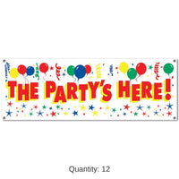 12 Pack Bulk The Party's Here! Party Sign Banner