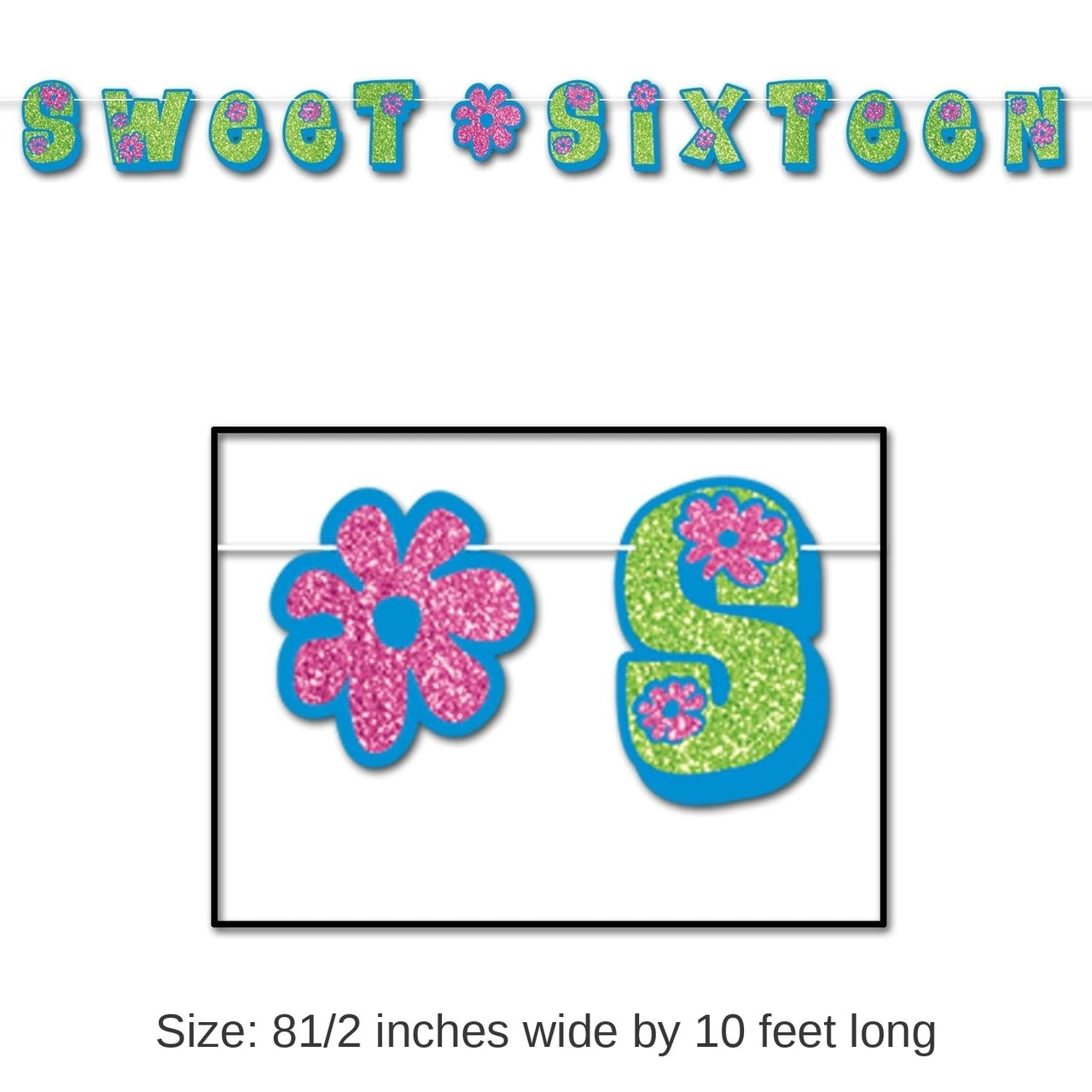 12 Pack Bulk Glittered Sweet Sixteen Streamer - blue - Light green - pink