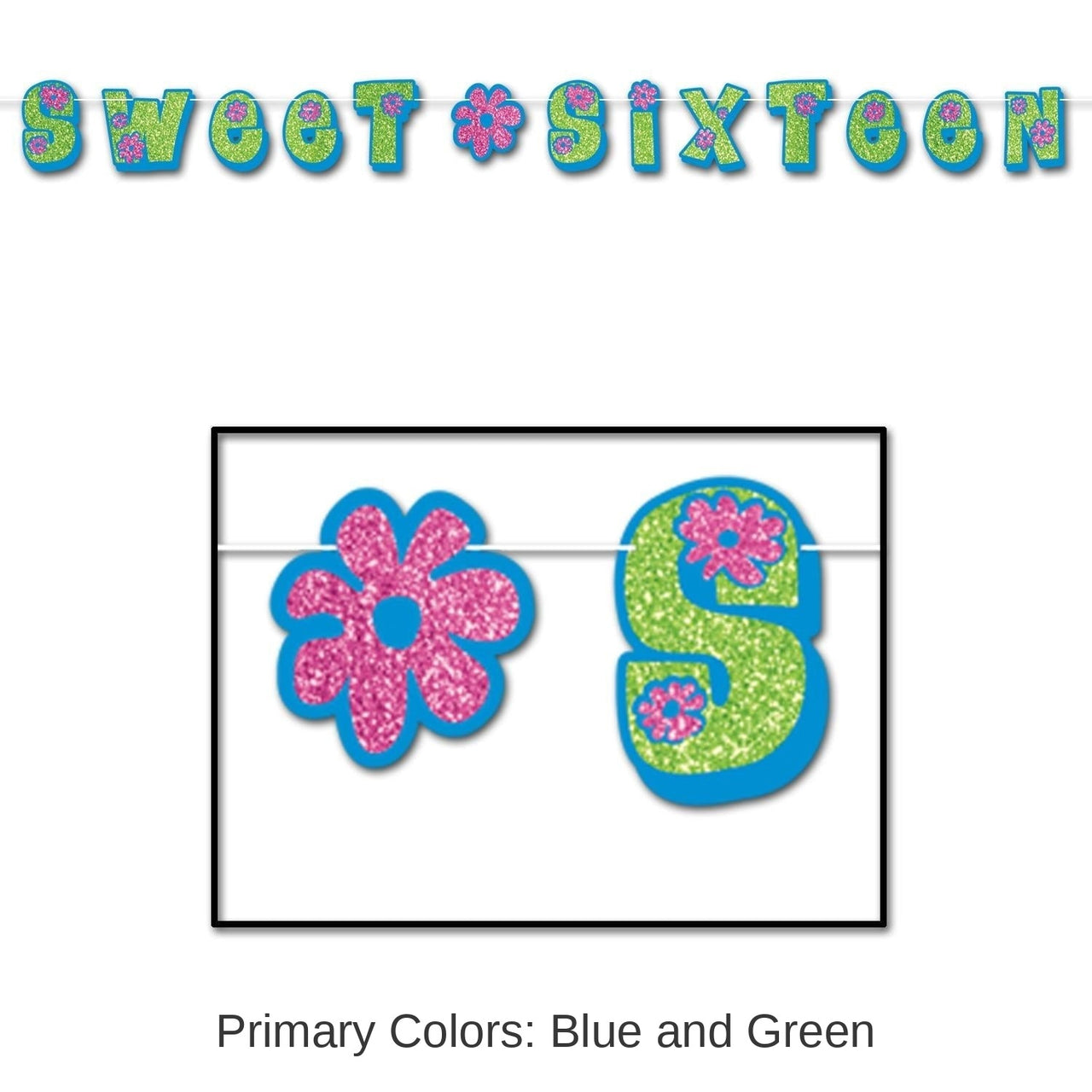 12 Pack Bulk Glittered Sweet Sixteen Streamer - blue - Light green - pink