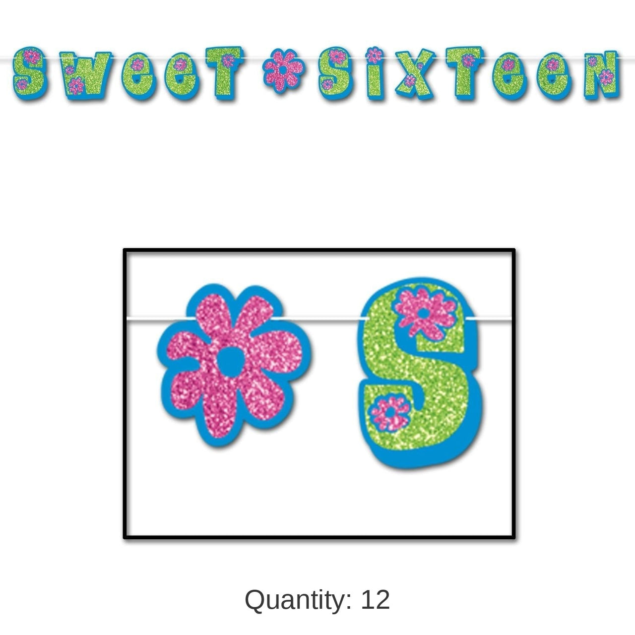 12 Pack Bulk Glittered Sweet Sixteen Streamer - blue - Light green - pink