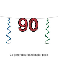 12 Pack Bulk 90th Birthday Party Glittered Streamer