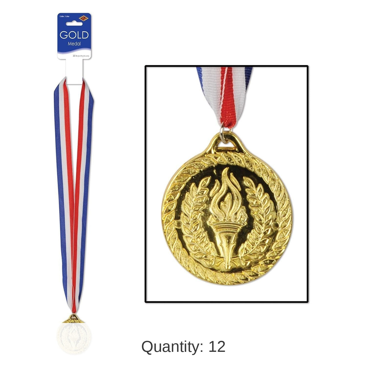 12 Pack Bulk Gold Medal with Ribbon (2 Inch)