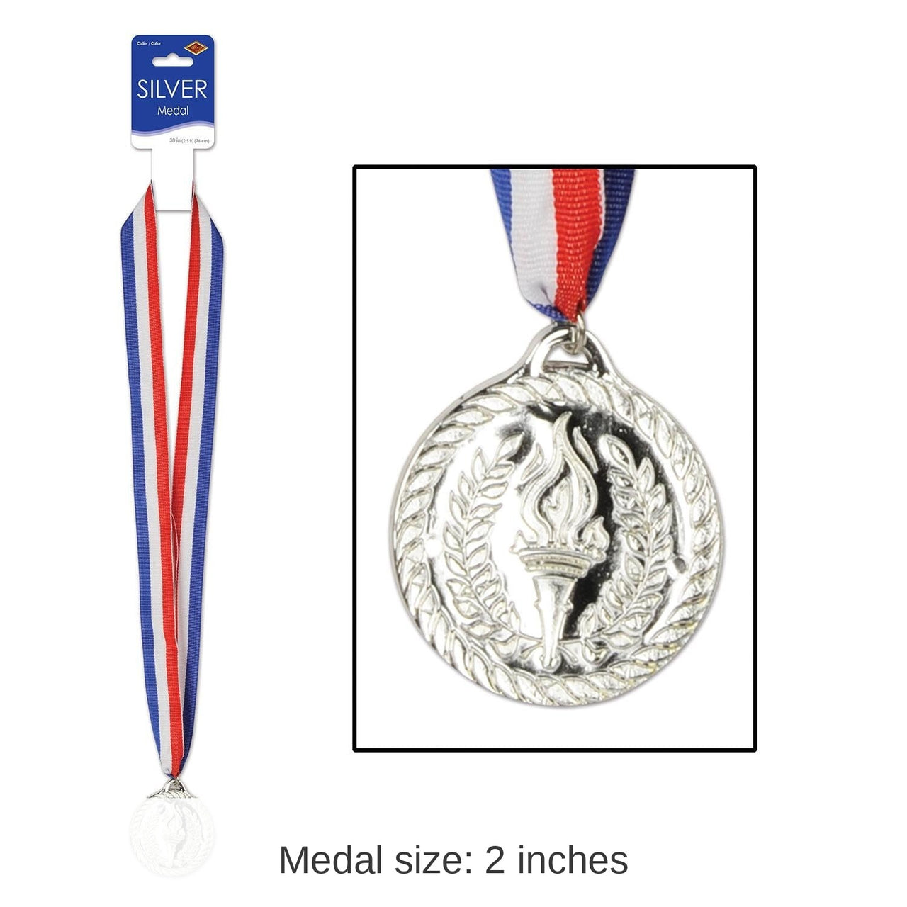 12 Pack Bulk 2 Inch-Silver Medal with Ribbon