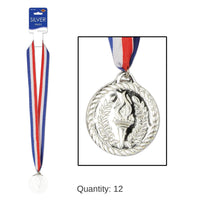 12 Pack Bulk 2 Inch-Silver Medal with Ribbon