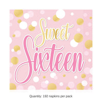 192 Pack Bulk Sweet 16 Luncheon Napkins 2-Ply Birthday Party Supplies