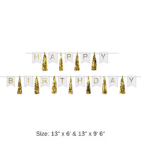 12 Pack Bulk Happy Birthday Party Tassel Streamer- Gold and White