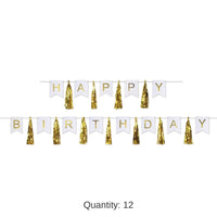 12 Pack Bulk Happy Birthday Party Tassel Streamer- Gold and White