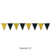12 Pack Bulk Black/Gold Party Pennant Banner