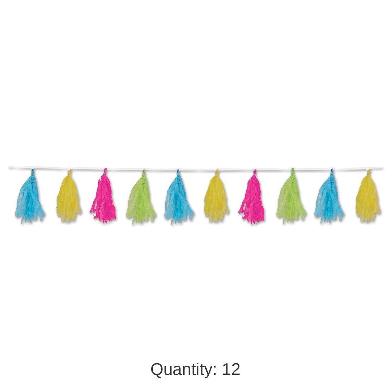 12 Pack Bulk Luau Party Tissue Tassel Garland - cerise - lime green - turquoise - yellow