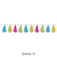 12 Pack Bulk Luau Party Tissue Tassel Garland - cerise - lime green - turquoise - yellow