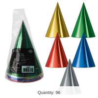96 Pack Bulk Packaged Foil Cone Hats