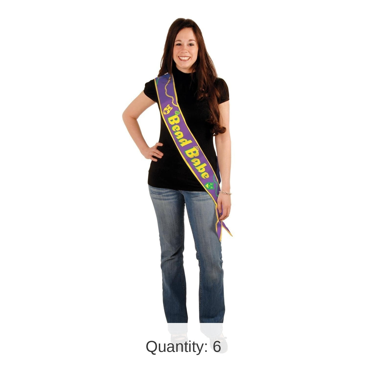 6 Pack Bulk Mardi Gras Bead Babe Satin Sash