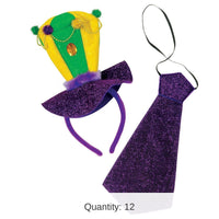 12 Pack Bulk Mardi Gras Headband/Necktie Set