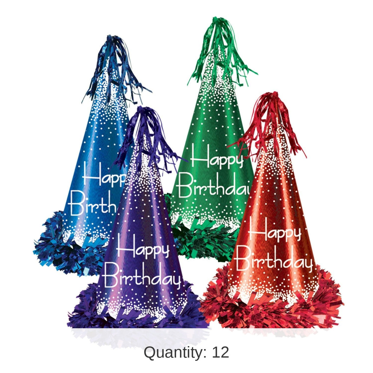 12 Pack Bulk Fringed Foil Happy Birthday Party Hats asst colors