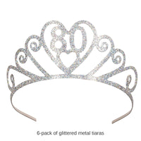 6 Pack Bulk Glittered Metal 80th Birthday Party Tiara