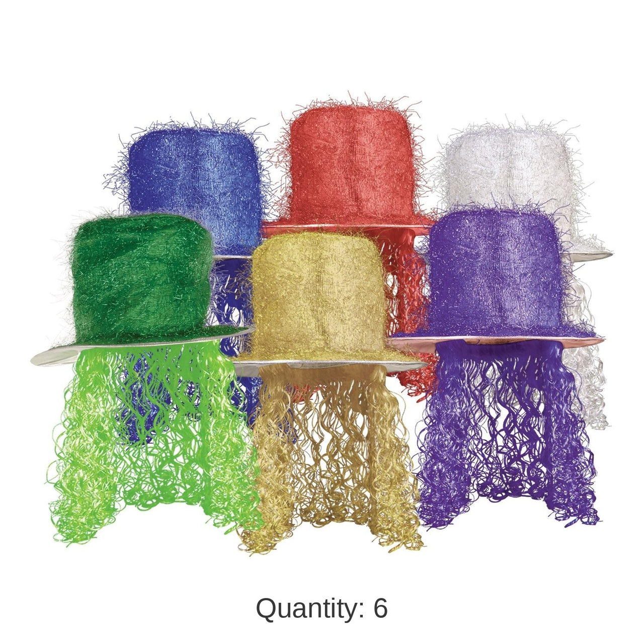 6 Pack Bulk Tinsel Top Hat with Curly Wig, Asst colors