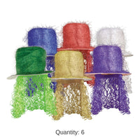 6 Pack Bulk Tinsel Top Hat with Curly Wig, Asst colors