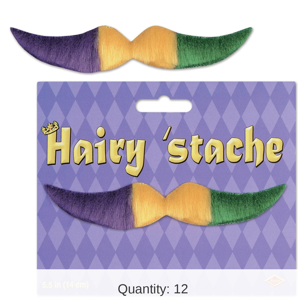 12 Piece Beistle Mardi Gras Hairy 'stache - gold - green - purple - self-adhesive
