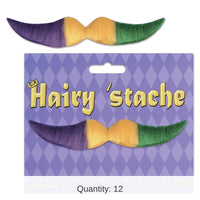12 Piece Beistle Mardi Gras Hairy 'stache - gold - green - purple - self-adhesive