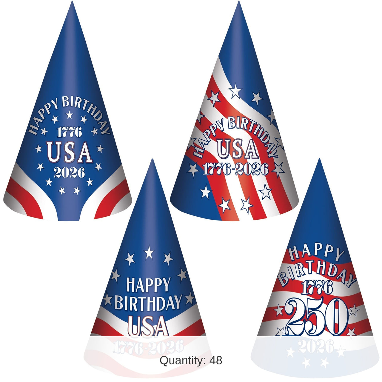 48 Pack Bulk Semiquincentennial Cone Hats Patriotic Party Fun